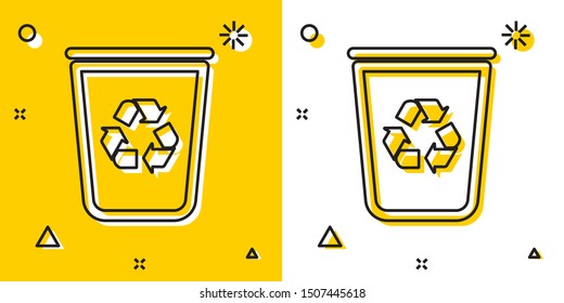 Black Recycle bin with recycle symbol icon isolated on yellow and white background. Trash can icon. Garbage bin sign. Recycle basket sign. Random dynamic shapes. Vector Illustration