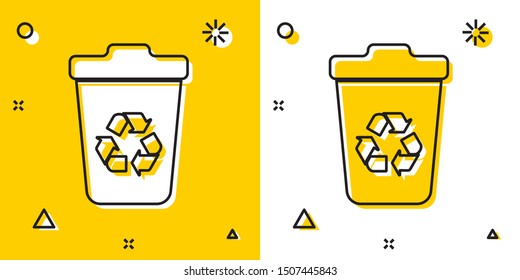 Black Recycle bin with recycle symbol icon isolated on yellow and white background. Trash can icon. Garbage bin sign. Recycle basket sign. Random dynamic shapes. Vector Illustration