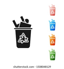Black Recycle bin with recycle symbol icon isolated on white background. Trash can icon. Garbage bin sign. Recycle basket sign. Set icons colorful. Vector Illustration
