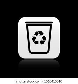 Black Recycle bin with recycle symbol icon isolated on black background. Trash can icon. Garbage bin sign. Recycle basket sign. Silver square button. Vector Illustration