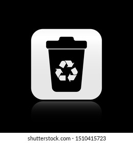 Black Recycle bin with recycle symbol icon isolated on black background. Trash can icon. Garbage bin sign. Recycle basket sign. Silver square button. Vector Illustration
