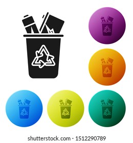 Black Recycle bin with recycle symbol icon isolated on white background. Trash can icon. Garbage bin sign. Recycle basket sign. Set icons colorful circle buttons. Vector Illustration