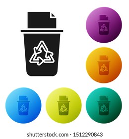 Black Recycle bin with recycle symbol icon isolated on white background. Trash can icon. Garbage bin sign. Recycle basket sign. Set icons colorful circle buttons. Vector Illustration