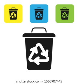 Black Recycle bin with recycle symbol icon isolated on white background. Trash can icon. Garbage bin sign. Recycle basket sign. Set icons colorful square buttons. Vector Illustration