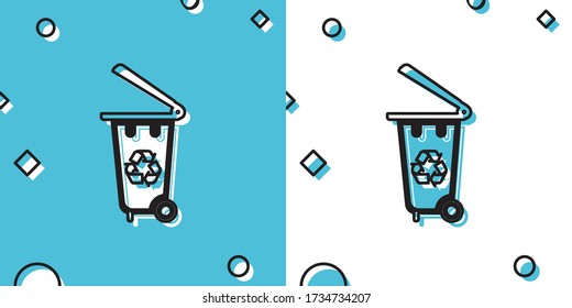 Black Recycle bin with recycle symbol icon isolated on blue and white background. Trash can icon. Garbage bin sign. Recycle basket icon. Random dynamic shapes. Vector Illustration