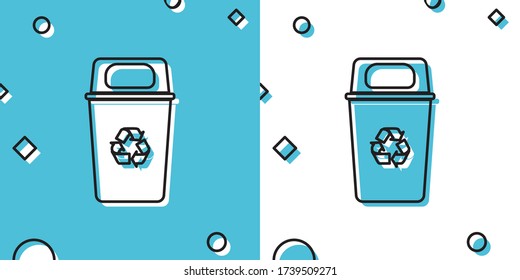 Black Recycle bin with recycle symbol icon isolated on blue and white background. Trash can icon. Garbage bin sign. Recycle basket sign. Random dynamic shapes. Vector Illustration