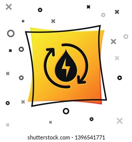 Black Recycle clean aqua icon isolated on white background. Water recycling energy symbol. Drop of water with recycling. Water refresh arrows. Yellow square button. Vector Illustration