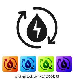 Black Recycle clean aqua icon isolated on white background. Water recycling energy symbol. Drop of water with recycling. Water refresh arrows. Set icon in color square buttons. Vector Illustration