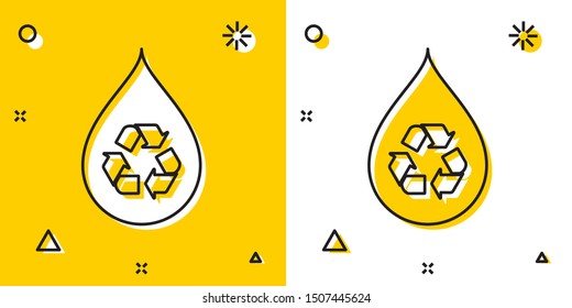 Black Recycle clean aqua icon isolated on yellow and white background. Drop of water with sign recycling. Random dynamic shapes. Vector Illustration