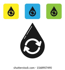 Black Recycle clean aqua icon isolated on white background. Drop of water with sign recycling. Set icons colorful square buttons. Vector Illustration