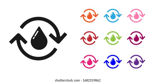 Black Recycle clean aqua icon isolated on white background. Drop of water with sign recycling. Set icons colorful. Vector Illustration