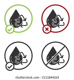 Black Recycle clean aqua icon isolated on white background. Drop of water with sign recycling. Circle button. Vector Illustration