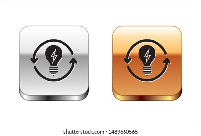Black Recycle and light bulb with lightning symbol icon isolated on white background. Light lamp sign. Idea symbol. Silver-gold square button. Vector Illustration