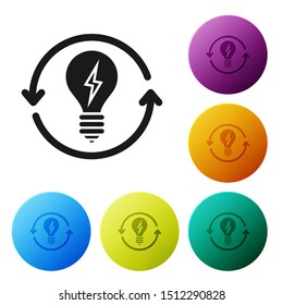Black Recycle and light bulb with lightning symbol icon isolated on white background. Light lamp sign. Idea symbol. Set icons colorful circle buttons. Vector Illustration
