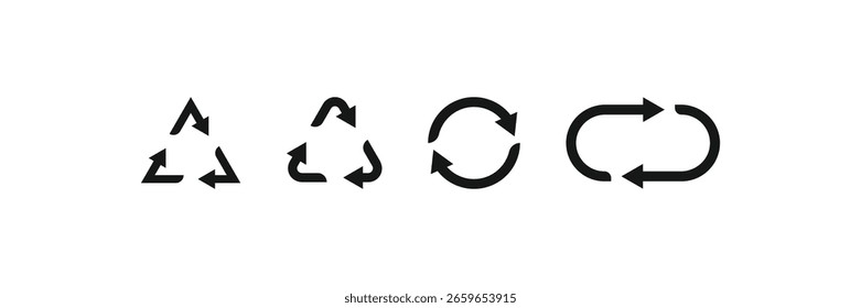 Icono de flecha de bucle y reciclaje negro sobre fondo blanco. Ideal para proyectos de diseño ecológico, sostenibilidad, gestión de residuos, envases verdes, economía circular y conciencia ambiental