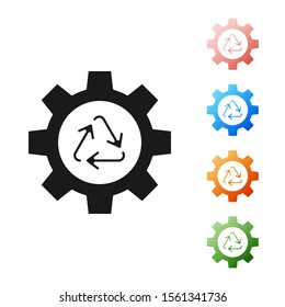 Black Recycle symbol and gear icon isolated on white background. Circular arrow icon. Environment recyclable go green. Set icons colorful. Vector Illustration