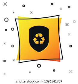 Black Recycle symbol inside shield icon isolated on white background. Eco protection sign. Yellow square button. Vector Illustration