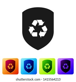 Black Recycle symbol inside shield icon isolated on white background. Eco protection sign. Set icon in color square buttons. Vector Illustration