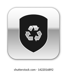 Black Recycle symbol inside shield icon isolated on white background. Eco protection sign. Silver square button. Vector Illustration