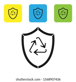 Black Recycle symbol inside shield icon isolated on white background. Eco protection sign. Set icons colorful square buttons. Vector Illustration