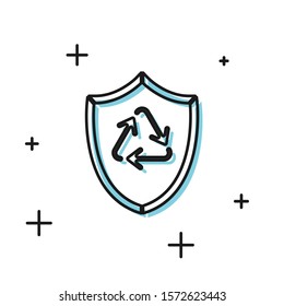 Black Recycle symbol inside shield icon isolated on white background. Eco protection sign.  Vector Illustration