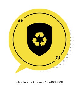 Black Recycle symbol inside shield icon isolated on white background. Eco protection sign. Yellow speech bubble symbol. Vector Illustration