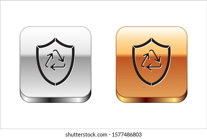 Black Recycle symbol inside shield icon isolated on white background. Eco protection sign. Silver-gold square button. Vector Illustration