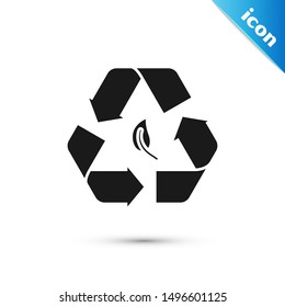 Black Recycle symbol and leaf icon isolated on white background. Environment recyclable go green.  Vector Illustration