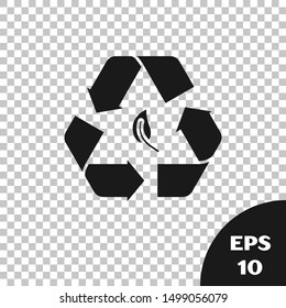 Black Recycle symbol and leaf icon isolated on transparent background. Environment recyclable go green.  Vector Illustration