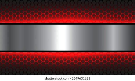 Black and red abstract background with hexagon pattern, dark background with silver metal banner for business presentation, 3D vector illustration.