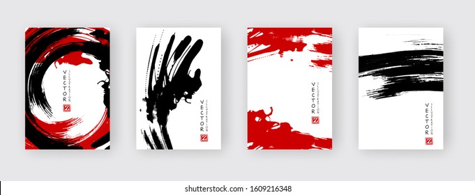 Black and red abstract design set. Ink paint on brochure, Monochrome element isolated on white. Grunge banner paints. Simple composition. Background for banner, card, poster, identity,web design.