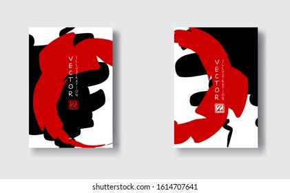 Black and red abstract design set. Ink paint on brochure, Monochrome element isolated on white. Grunge banner paints. Simple composition. Liquid ink. Background for banner, card, poster, web design.