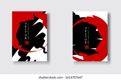 Black and red abstract design set. Ink paint on brochure, Monochrome element isolated on white. Grunge banner paints. Simple composition. Liquid ink. Background for banner, card, poster, web design.