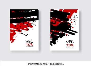 Black and red abstract design set. Ink paint on brochure, Monochrome element isolated on white. Grunge banner paints. Simple composition. Liquid ink. Background for banner, card, poster, web design.