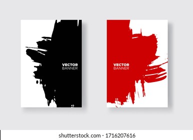 Black and red abstract design set. Ink paint on brochure, Monochrome element isolated on white. Grunge banner paints. Simple composition. Liquid ink. Background for banner, card, poster,web design.