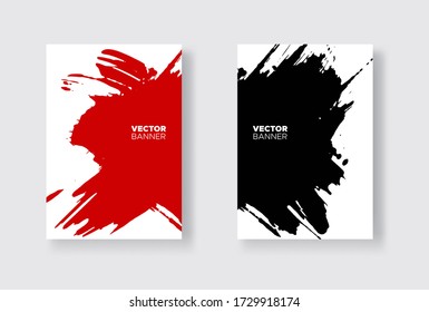 Conjunto de diseño abstracto negro y rojo. Pintura de tinta en el folleto, elemento monocromo aislado en blanco. Pinturas de pancartas de color. Composición simple. Tinta líquida. Fondo para banner, tarjeta, afiche, diseño web.