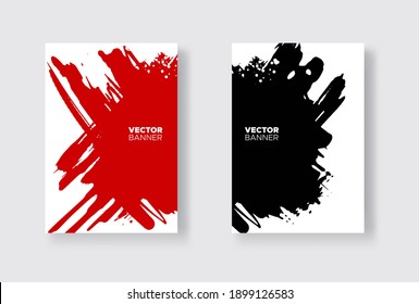 Conjunto de diseño abstracto negro y rojo. Pintura de tinta en el folleto, elemento monocromo aislado en blanco. Pinturas de pancartas de color. Composición simple. Tinta líquida. Antecedentes de banner, tarjeta, afiche, identidad, web 