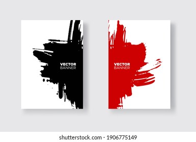 Black and red abstract design set. Ink paint on brochure, Monochrome element isolated on white. Grunge banner paints. Simple composition. Liquid ink. Background for banner, card, poster, identity,web 