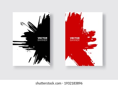 Black and red abstract design set. Ink paint on brochure, Monochrome element isolated on white. Grunge banner paints. Simple composition. Liquid ink. Background for banner, card, poster, identity,web 