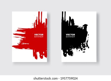 Black and red abstract design set. Ink paint on brochure, Monochrome element isolated on white. Grunge banner paints. Simple composition. Liquid ink. Background for banner, card, poster, web design.