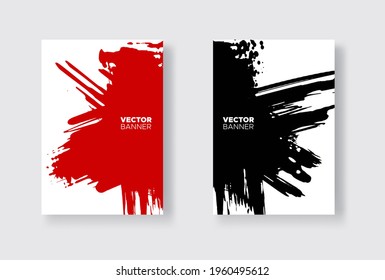 Conjunto de diseño abstracto negro y rojo. Pintura de tinta en el folleto, elemento monocromo aislado en blanco. Pinturas de pancartas de color. Composición simple. Tinta líquida. Antecedentes de banner, tarjeta, afiche, identidad, web 