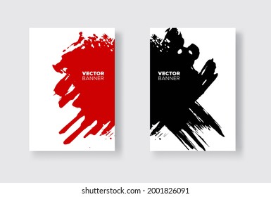 Black and red abstract design set. Ink paint on brochure, Monochrome element isolated on white. Grunge banner paints. Simple composition. Liquid ink. Background for banner, card, poster, identity,web 