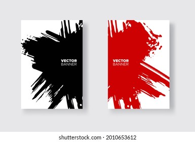 Black and red abstract design set. Ink paint on brochure, Monochrome element isolated on white. Grunge banner paints. Simple composition. Liquid ink. Background for banner, card, poster, identity,web 