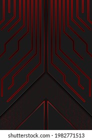 Black and red abstract technology background with circuit board lines and dots. Vector design