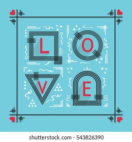 Black and red abstract word LOVE frame emblems on blue background