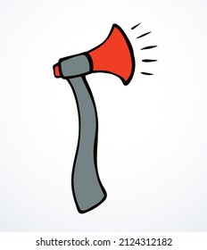 Black red arm power tool handl blade shape ad public warn audio alert hurt loud sound fun news idiom phrase battle idea logo war retro cartoon art. Funny line hand drawn fake proclaim white text space