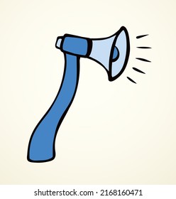 Black red arm power tool handl blade shape ad public warn audio alert hurt loud sound fun news idiom phrase battle idea logo war retro cartoon art. Funny line hand drawn fake proclaim white text space