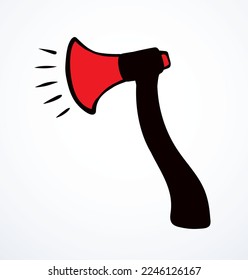 Black red arm power tool handl blade shape ad public warn audio alert hurt loud sound fun news idiom phrase battle idea logo war retro cartoon art. Funny line hand drawn fake proclaim white text space