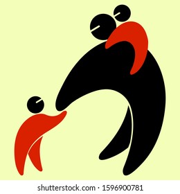 Black and red babysitter pictogram icon. Parent and children. The father carries the child on his shoulders, next is the second baby. Help in raising a child, fathers day. Stylized silhouettes.