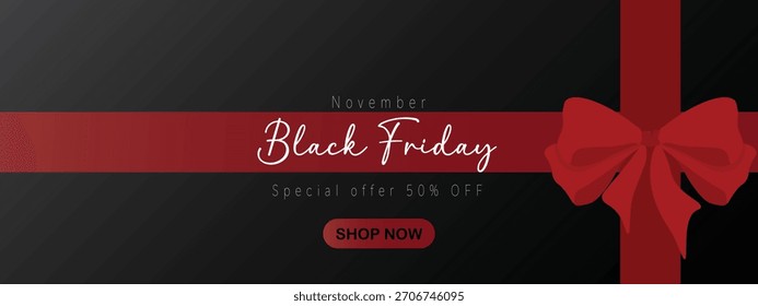 Fondo negro y rojo con un lazo de cinta roja conceptos Black Friday. Anuncio para el Sitio web en línea, Ilustración vectorial de campañas publicitarias de comercio electrónico.